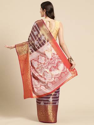 Silk Land Wine Woven Design Silk Blend Saree With Unstitched Blouse Piece 2