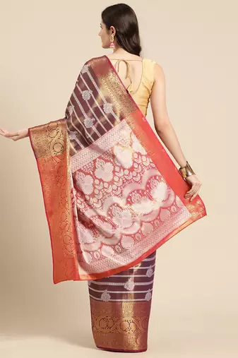 Silk Land Wine Woven Design Silk Blend Saree With Unstitched Blouse Piece
