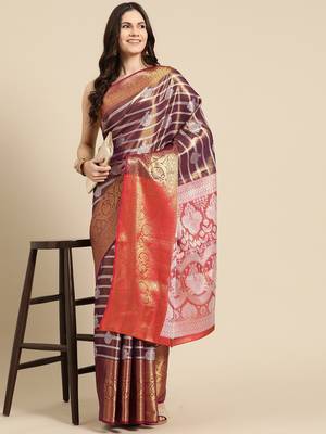 Silk Land Wine Woven Design Silk Blend Saree With Unstitched Blouse Piece 3