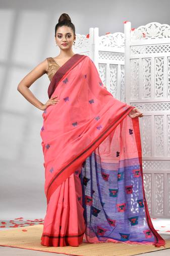 Pink cotton blend all body motive with blue pallu handloom saree