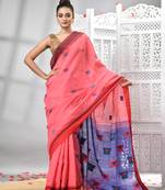 Pink cotton blend all body motive with blue pallu handloom saree