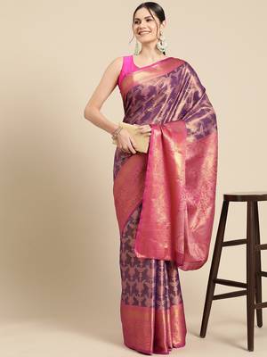 Silk Land Pink Woven Design Silk Blend Saree With Unstitched Blouse Piece 1