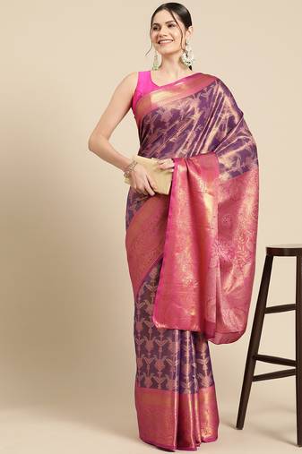 Silk Land Pink Woven Design Silk Blend Saree With Unstitched Blouse Piece