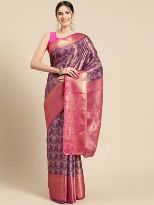 Silk Land Pink Woven Design Silk Blend Saree With Unstitched Blouse Piece 2