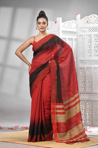 Red cotton blend solid body with ghicha pallu handloom saree