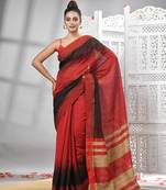 Red cotton blend solid body with ghicha pallu handloom saree