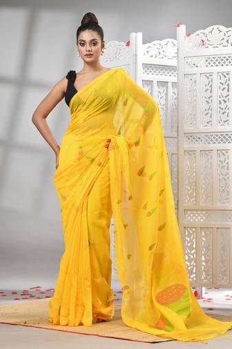Yellow cotton blend all body motive design pallu handloom saree