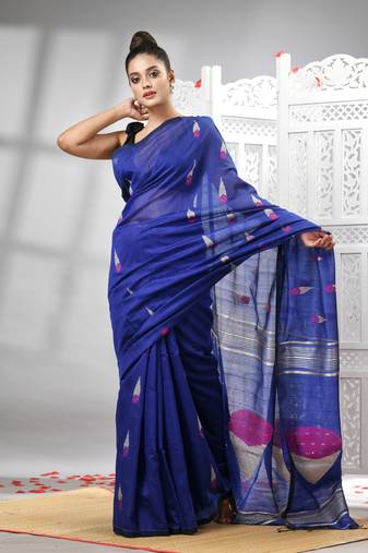 Blue cotton blend all body motive design pallu handloom saree