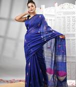 Blue cotton blend all body motive design pallu handloom saree