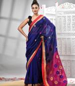Blue cotton blend all body motive with rani pallu handloom saree