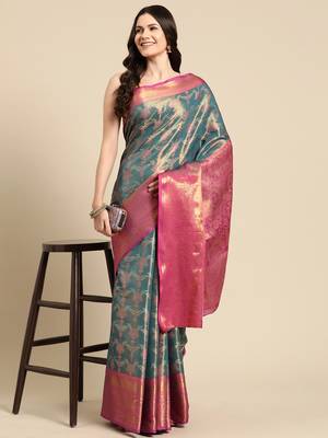 Silk Land Teal Floral Brocade Saree With Unstitched Blouse Piece 1