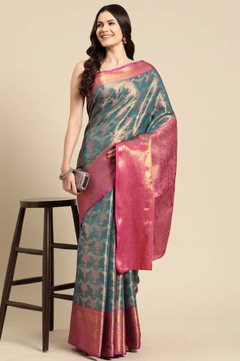 Silk Land Teal Floral Brocade Saree With Unstitched Blouse Piece