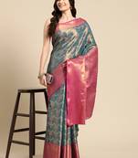 Silk Land Teal Floral Brocade Saree With Unstitched Blouse Piece