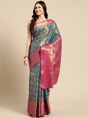 Silk Land Teal Floral Brocade Saree With Unstitched Blouse Piece 2