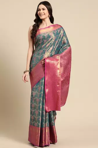 Silk Land Teal Floral Brocade Saree With Unstitched Blouse Piece