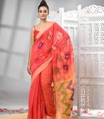 Orange cotton blend all body motive with muga pallu handloom saree