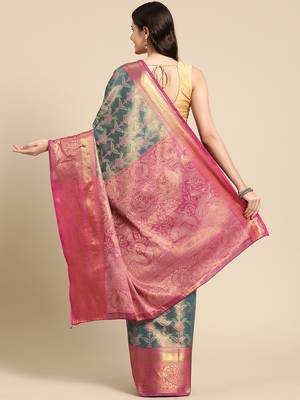 Silk Land Teal Floral Brocade Saree With Unstitched Blouse Piece 3
