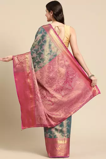 Silk Land Teal Floral Brocade Saree With Unstitched Blouse Piece