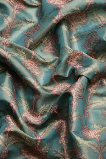 Silk Land Teal Floral Brocade Saree With Unstitched Blouse Piece