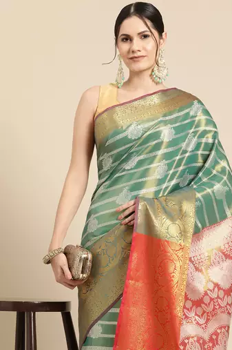 Silk Land Purple Floral Brocade Saree With Unstitched Blouse Piece