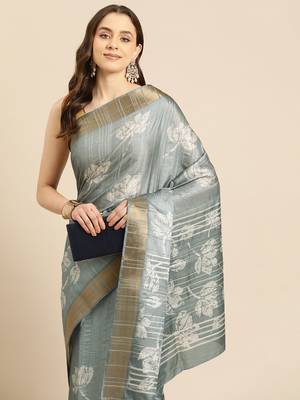 Silk Land Grey Digital Print Soft Silk Blend Saree With Unstitched Blouse Piece 1