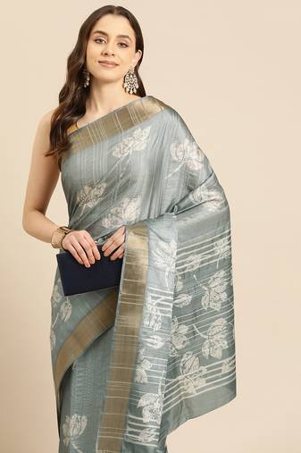 Silk Land Grey Digital Print Soft Silk Blend Saree With Unstitched Blouse Piece