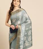 Silk Land Grey Digital Print Soft Silk Blend Saree With Unstitched Blouse Piece