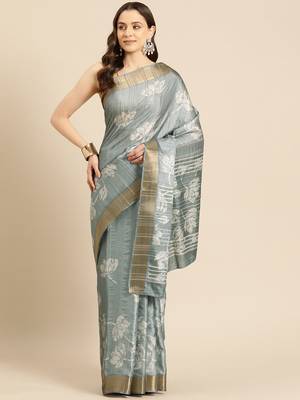 Silk Land Grey Digital Print Soft Silk Blend Saree With Unstitched Blouse Piece 2
