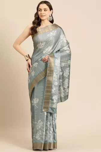 Silk Land Grey Digital Print Soft Silk Blend Saree With Unstitched Blouse Piece