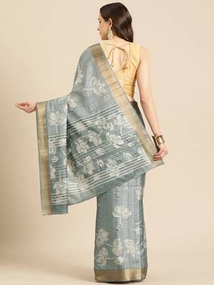 Silk Land Grey Digital Print Soft Silk Blend Saree With Unstitched Blouse Piece 3