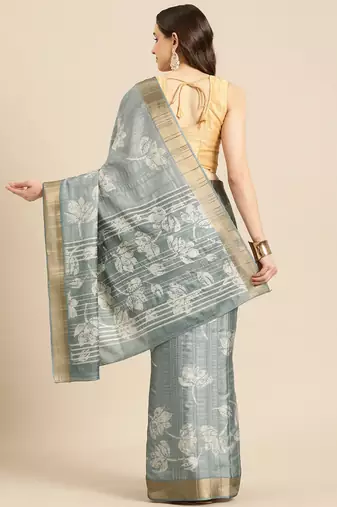 Silk Land Grey Digital Print Soft Silk Blend Saree With Unstitched Blouse Piece