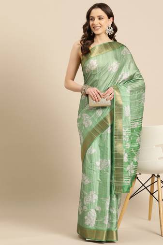 Silk Land Green Digital Print Soft Silk Blend Saree With Unstitched Blouse Piece