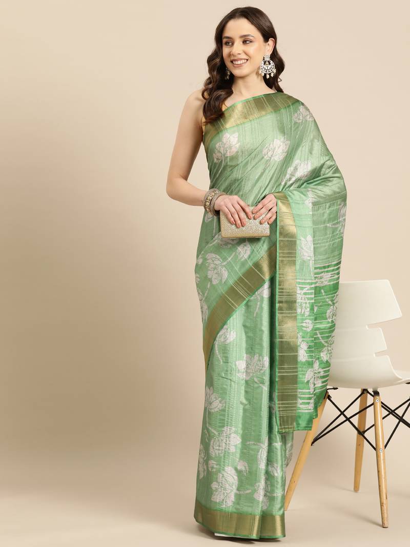 Silk Land Green Digital Print Soft Silk Blend Saree With Unstitched Blouse Piece