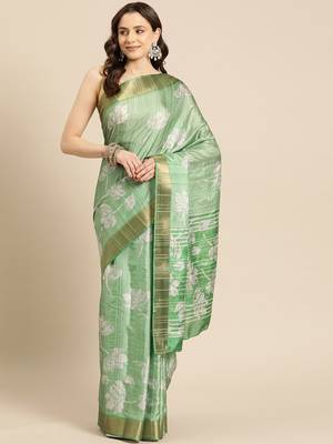 Silk Land Green Digital Print Soft Silk Blend Saree With Unstitched Blouse Piece 2