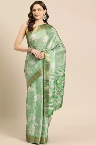 Silk Land Green Digital Print Soft Silk Blend Saree With Unstitched Blouse Piece