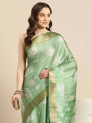 Silk Land Green Digital Print Soft Silk Blend Saree With Unstitched Blouse Piece 3