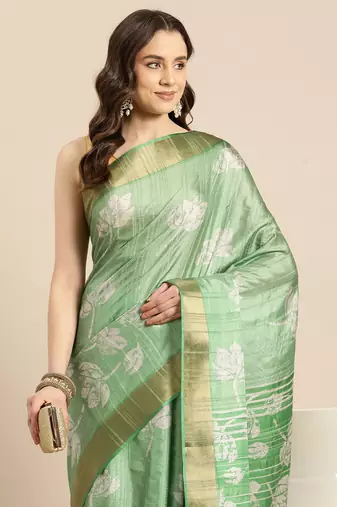 Silk Land Green Digital Print Soft Silk Blend Saree With Unstitched Blouse Piece