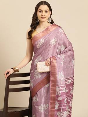 Silk Land Purple Digital Print Soft Silk Blend Saree With Unstitched Blouse Piece 1