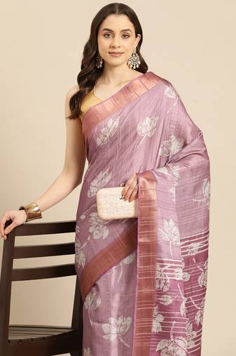 Silk Land Purple Digital Print Soft Silk Blend Saree With Unstitched Blouse Piece