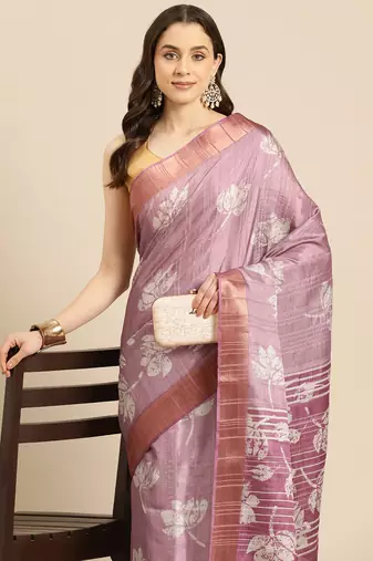 Silk Land Purple Digital Print Soft Silk Blend Saree With Unstitched Blouse Piece