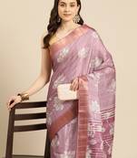 Silk Land Purple Digital Print Soft Silk Blend Saree With Unstitched Blouse Piece