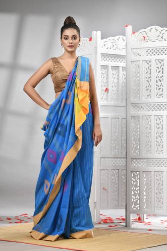 Sky blue cotton blend all body motive with yellow pallu handloom saree