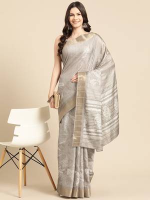 Silk Land Beige Digital Print Soft Silk Blend Saree With Unstitched Blouse Piece 1