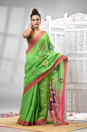Green cotton blend all body motive with rani pallu handloom saree