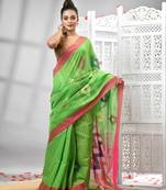 Green cotton blend all body motive with rani pallu handloom saree