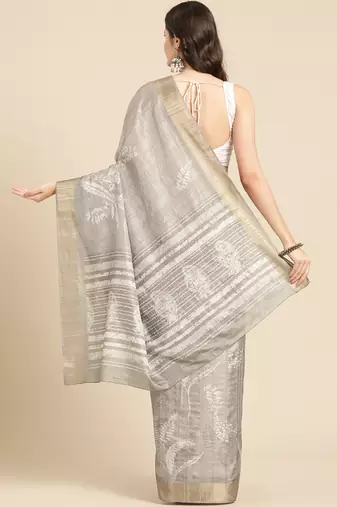 Silk Land Beige Digital Print Soft Silk Blend Saree With Unstitched Blouse Piece