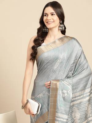 Silk Land Grey Digital Print Soft Silk Blend Saree With Unstitched Blouse Piece 1