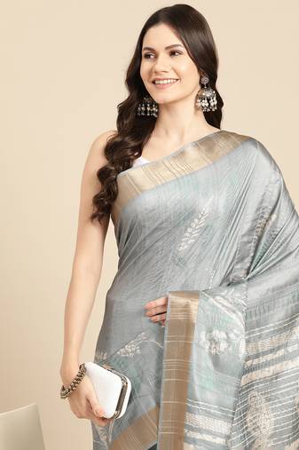 Silk Land Grey Digital Print Soft Silk Blend Saree With Unstitched Blouse Piece