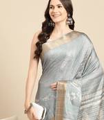 Silk Land Grey Digital Print Soft Silk Blend Saree With Unstitched Blouse Piece