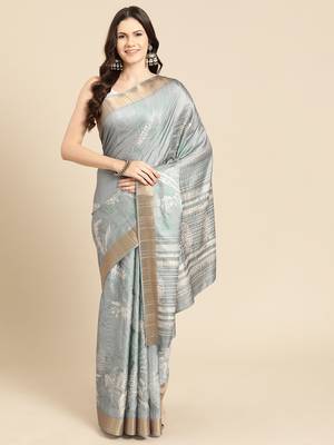 Silk Land Grey Digital Print Soft Silk Blend Saree With Unstitched Blouse Piece 2